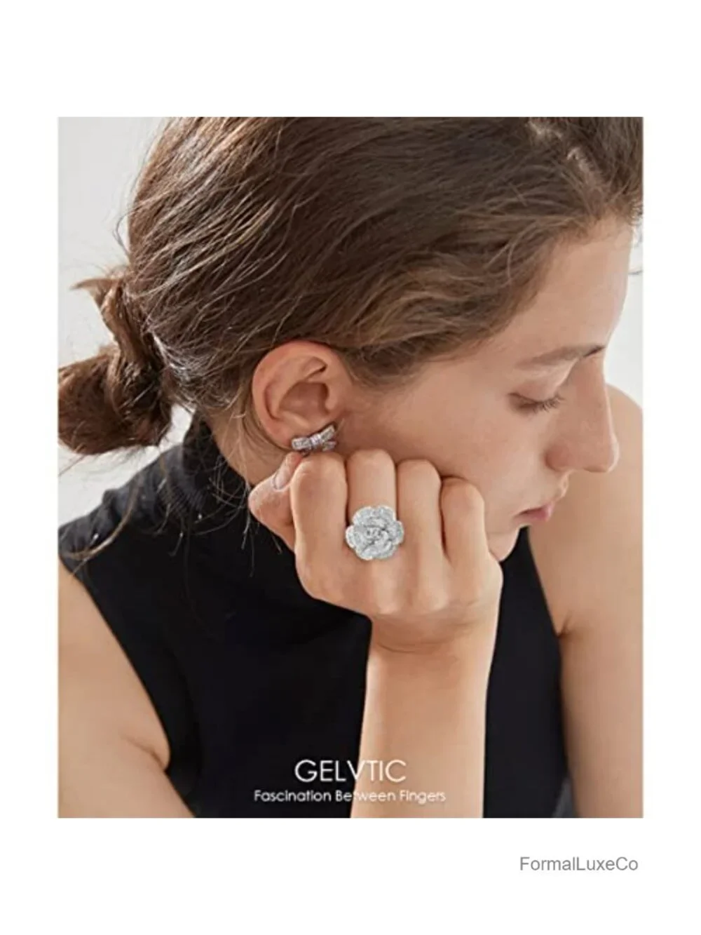 Silver Flower Ring for Women Adjustable 18K Gold Plated Open Wrap Statement